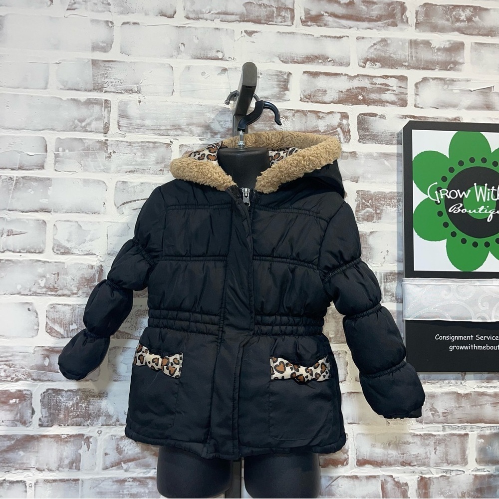Pink Platinum Black puffer Kids coat with Leopard Trim 3T